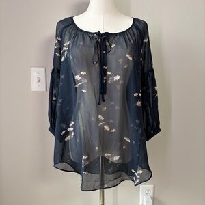 Club Monaco Navy Floral Silk Sheer Blouse